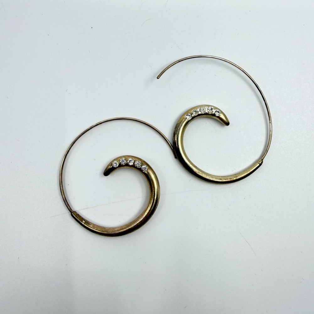 VTG Brass Tone Rhinestone Spiral Hoop Earrings Boho Tribal Style